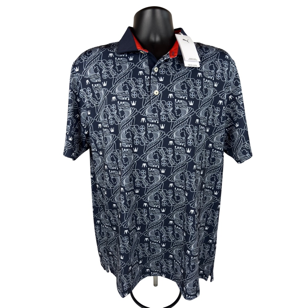 Puma Golf Mens Pique Royal Polo Shirt Navy Blue Queen Graphic Stretch Large New